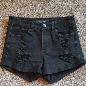 Aeropostale Black Distressed Rolled-Hem Denim Shorts